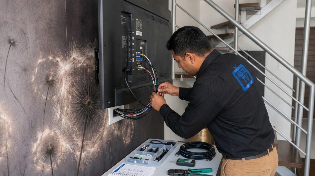 Técnico de InstaTV organizando cables detrás de un televisor instalado en pared