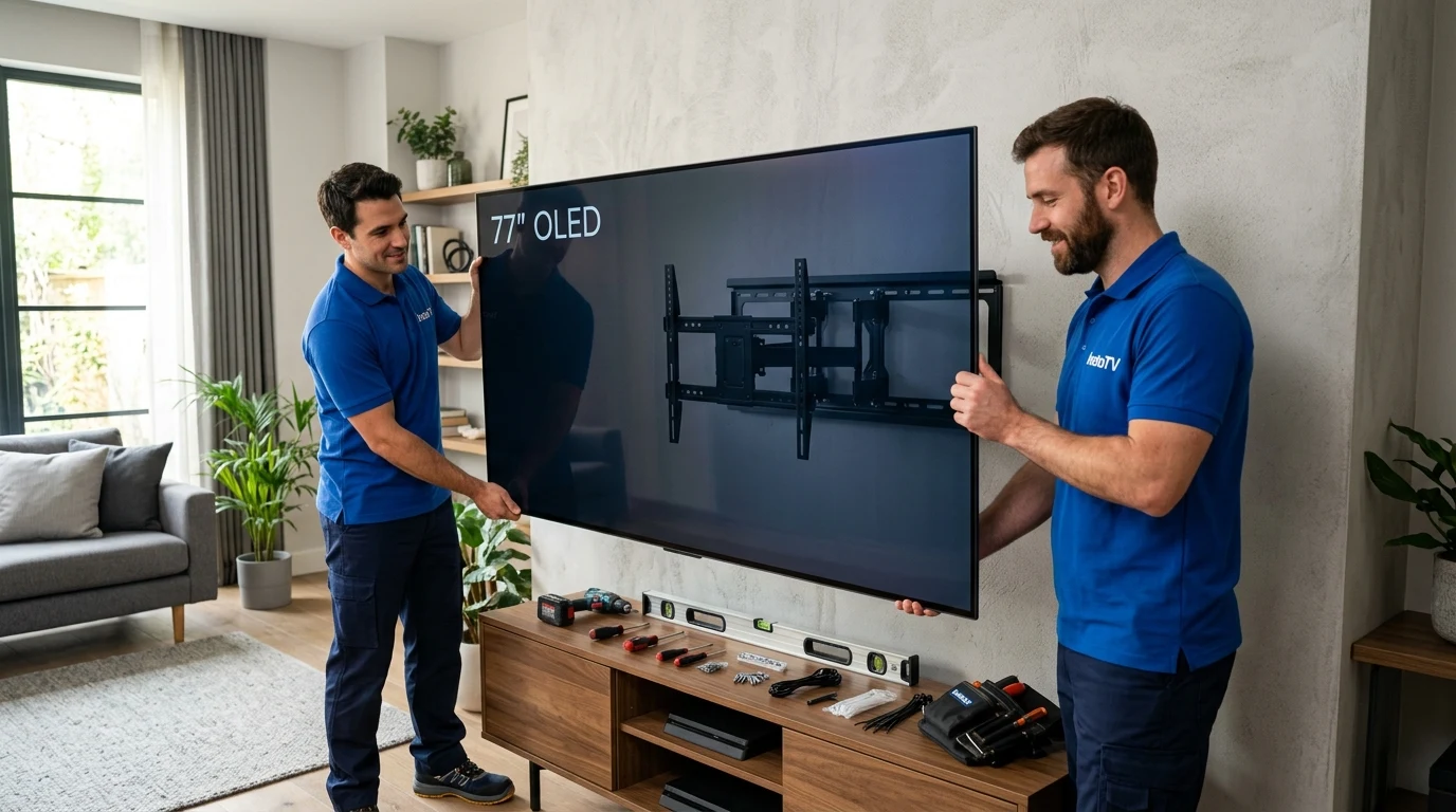 Dos técnicos de InstaTV realizando montaje seguro de pantalla gran formato en Bogotá