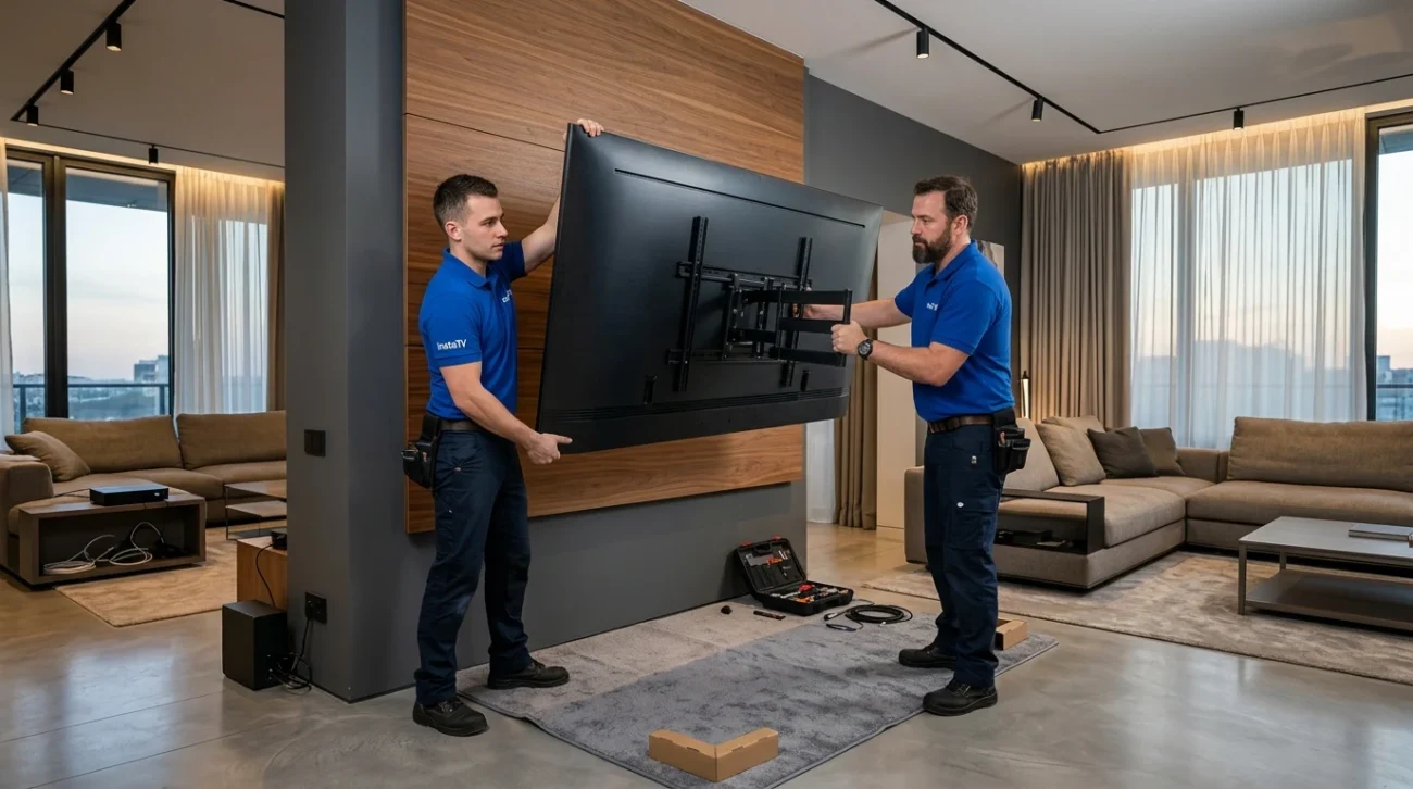Dos técnicos de InstaTV montando una pantalla de gran formato en soporte de pared